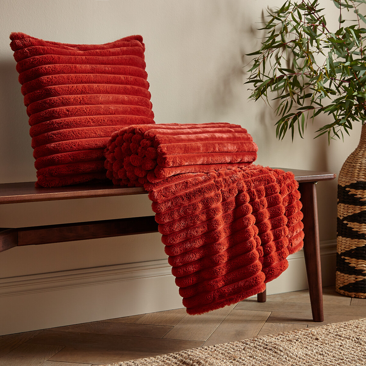 Cosy Diamond Faux Fur 43x43cm Filled Cushion burnt orange, CATHERINE LANSFIELD