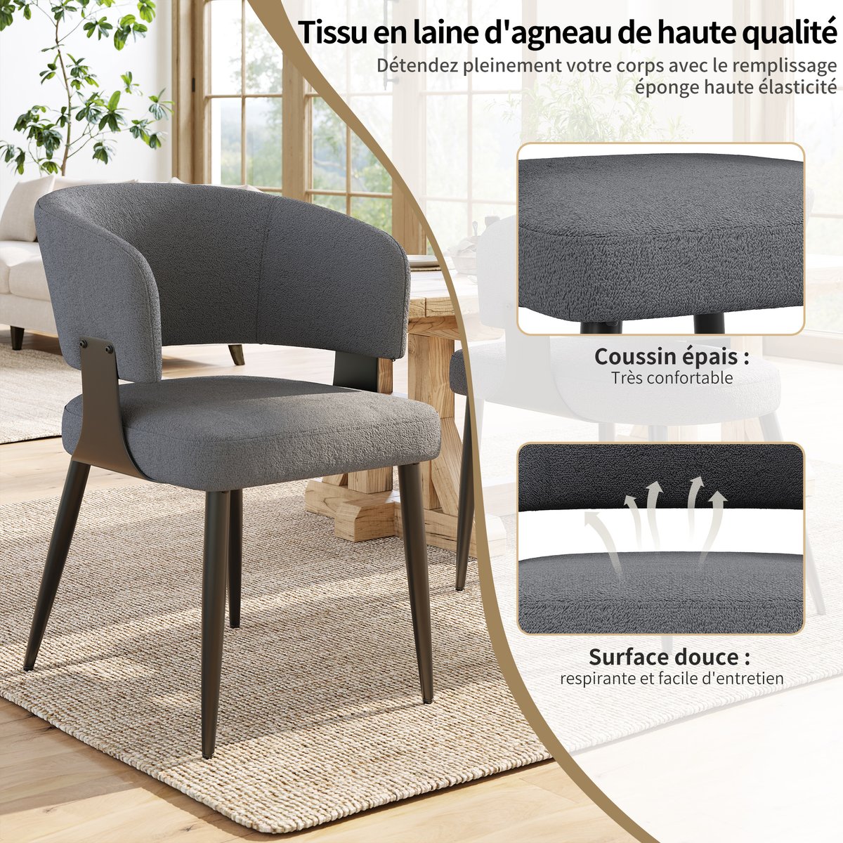 Lot de 6 chaises de salle à manger style industriel en tissu, CASEMI gris, MEUBLES COSY
