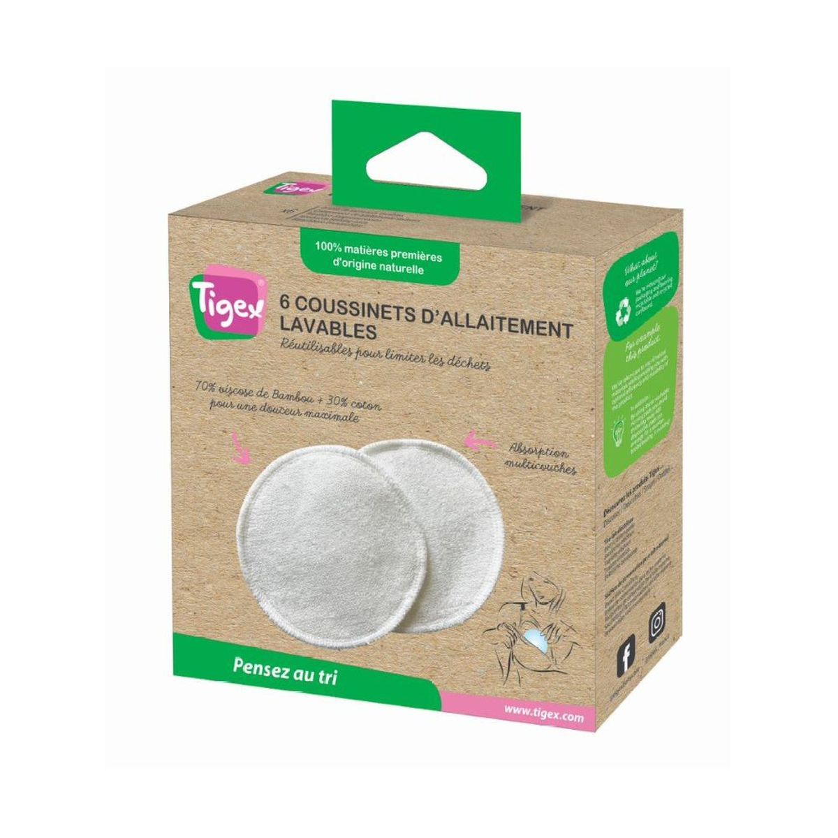 Lot de 6 coussinets d'allaitement lavables en viscose bambou couleur unique, TIGEX