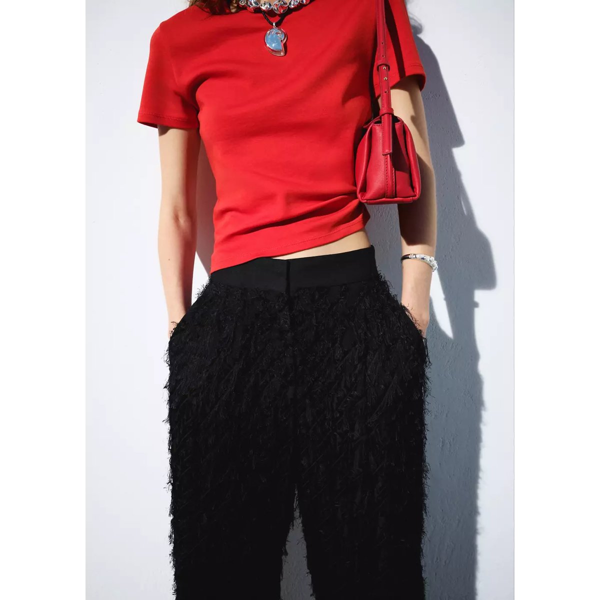 Pantalon droit à texture fils noir, MANGO