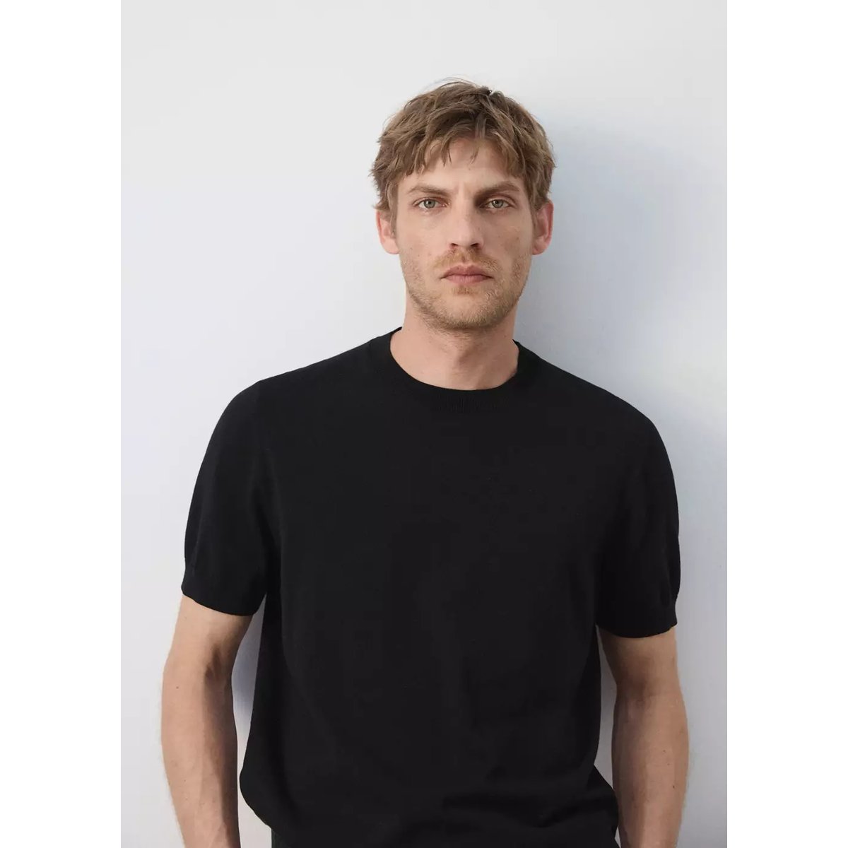T-shirt 100 % coton en maille fine noir, MANGO MAN