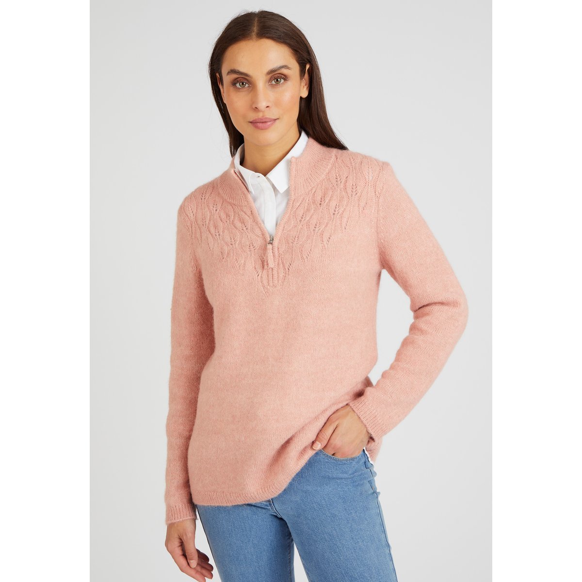 Pull col zippé mélange alpaga rose chiné, DAMART