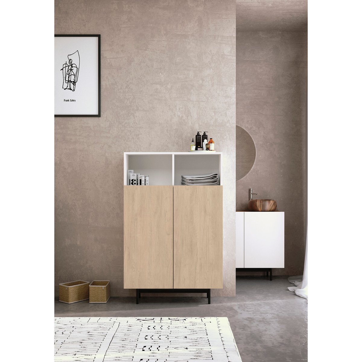 Buffet L placard 2 portes, PRINTED blanc-chêne clair, HERDASA