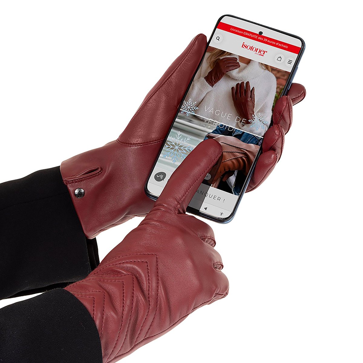 Gants tactiles en cuir de moutone tissu - doublés soie noir, ISOTONER