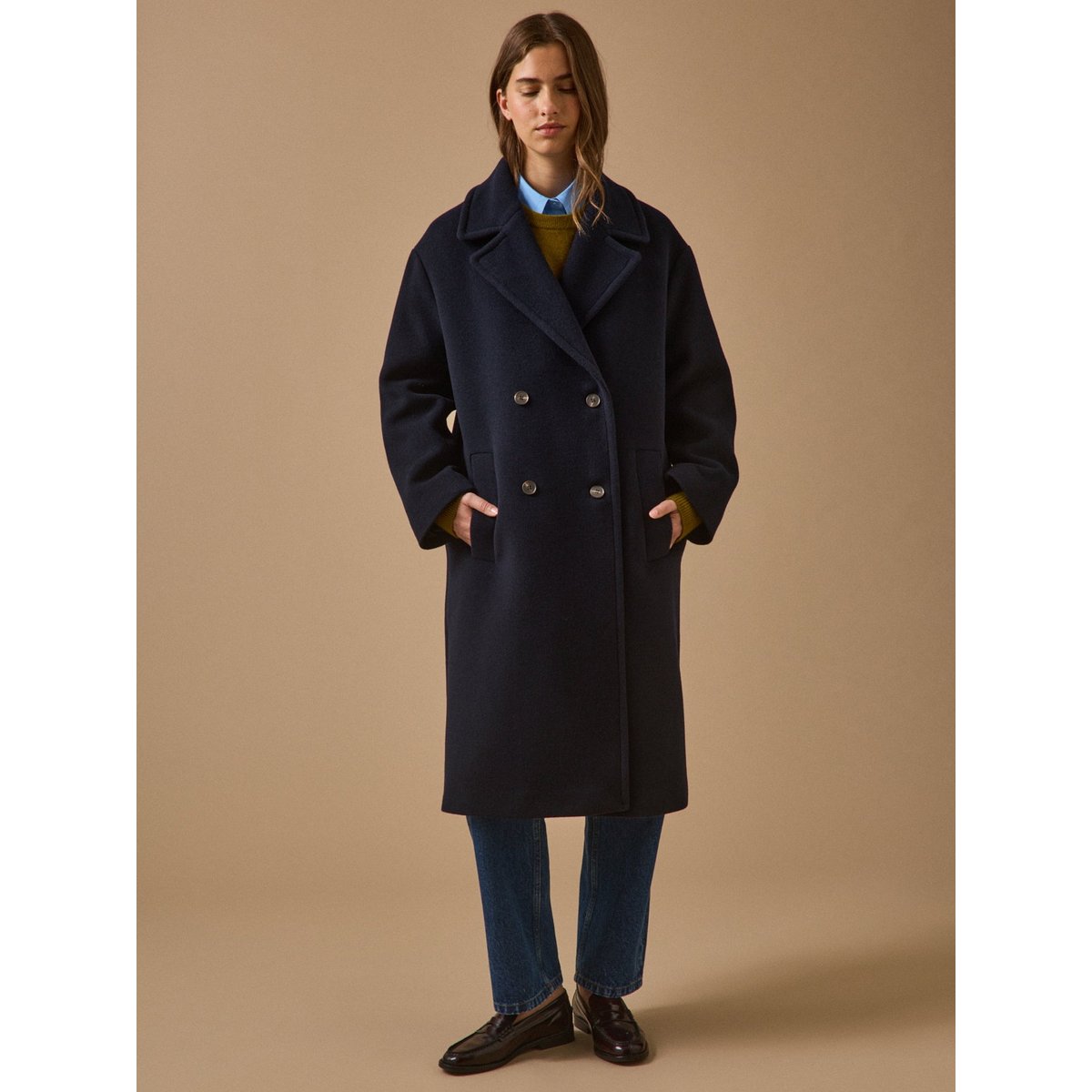 Manteau long lainage uni marine, CYRILLUS