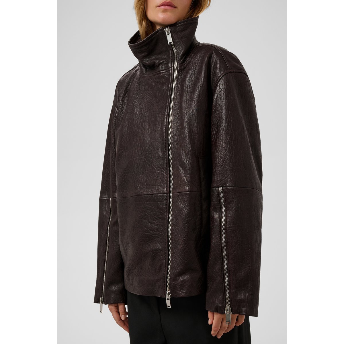 Veste en cuir marron ganache, SOAKED IN LUXURY