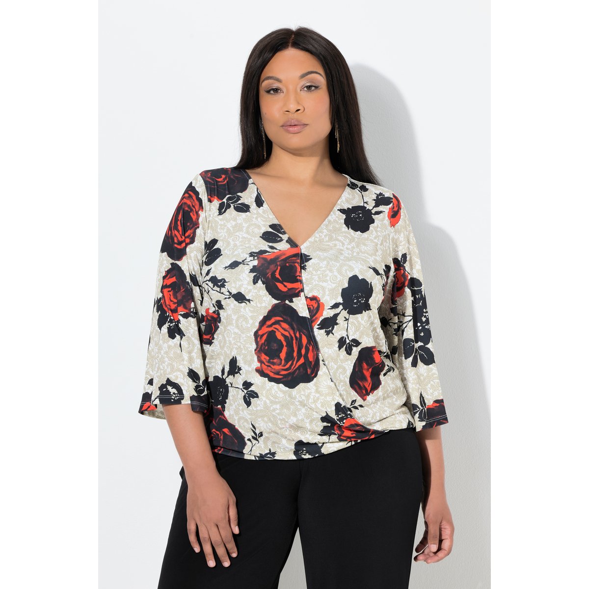 T-shirt à motif roses et effet cache-cœur blanc cassé, ULLA POPKEN