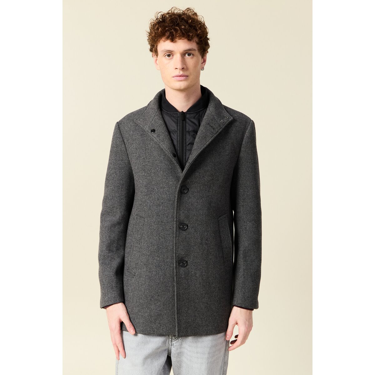 Manteau droit mi-long col montant gris foncé, BONOBO