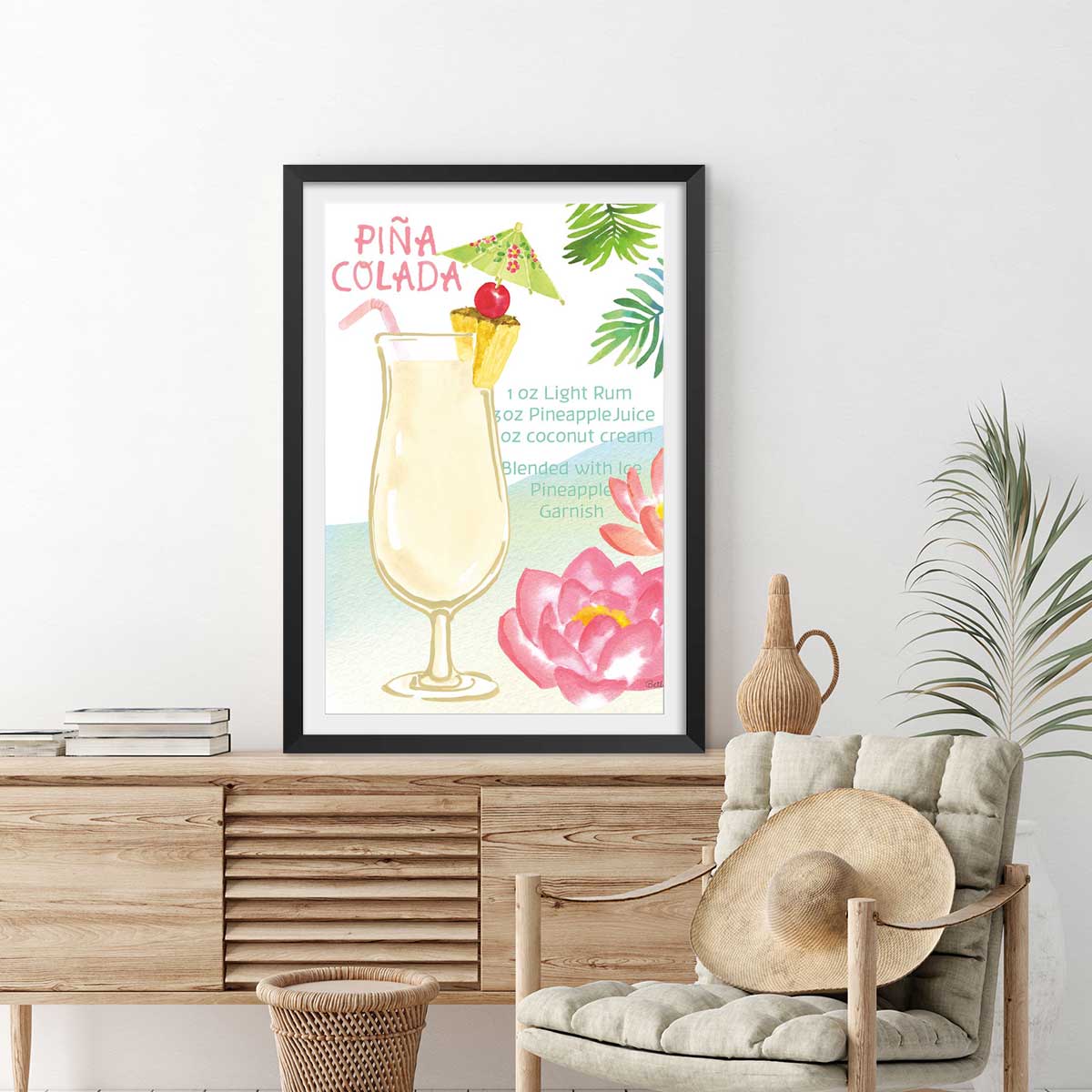 Affiche Pina colada en aquarelle affiche + cadre en bois - noir, HEXOA