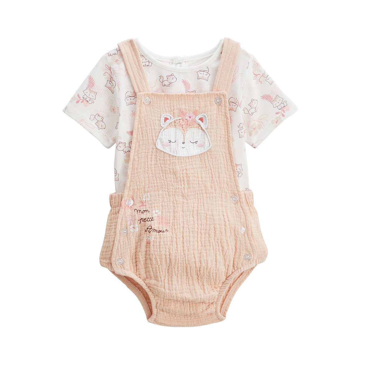 Ensemble salopette bébé en gaze de coton et t-shirt Louison rose, PETIT BEGUIN