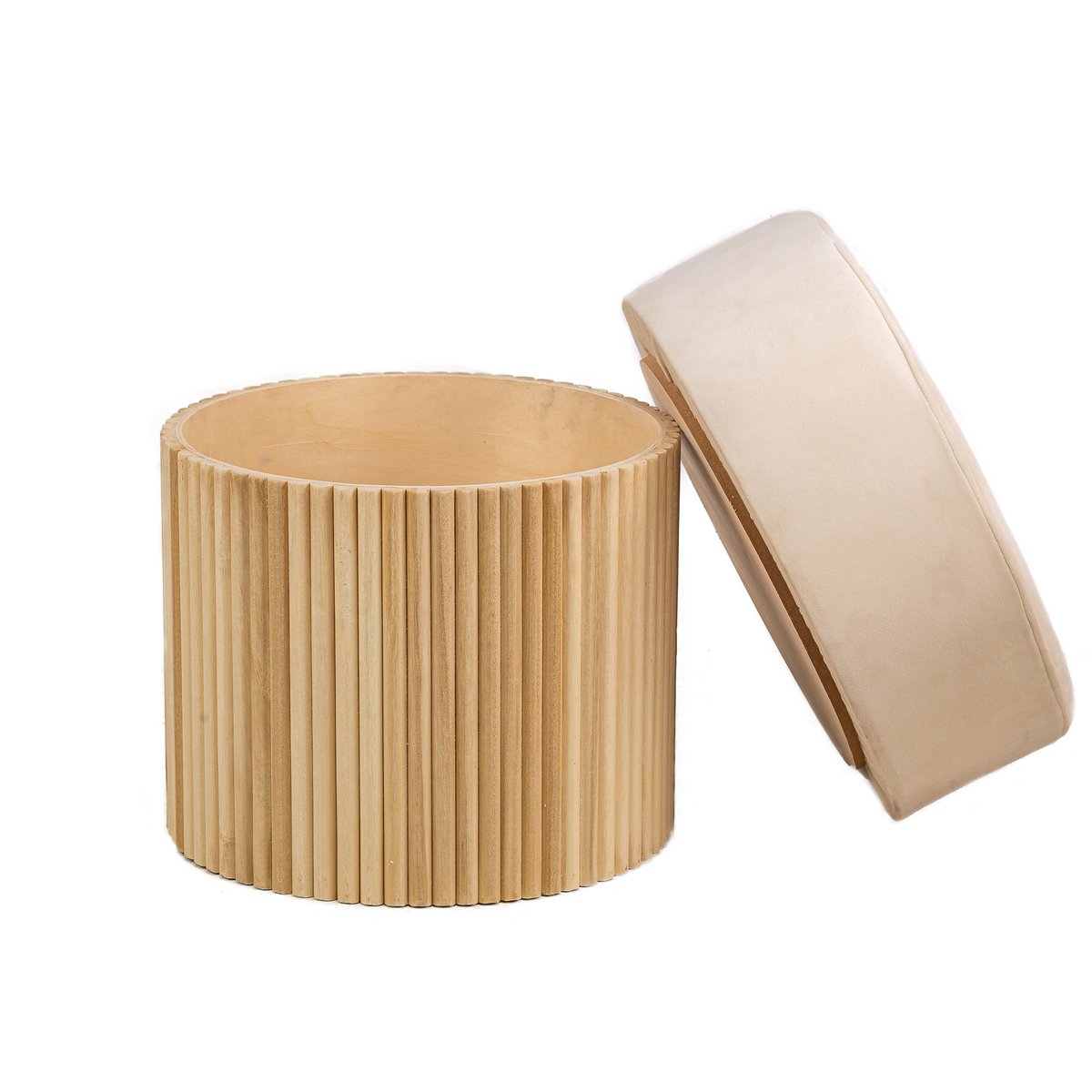Pouf velours, base en bois, OTSU beige, NORDLYS