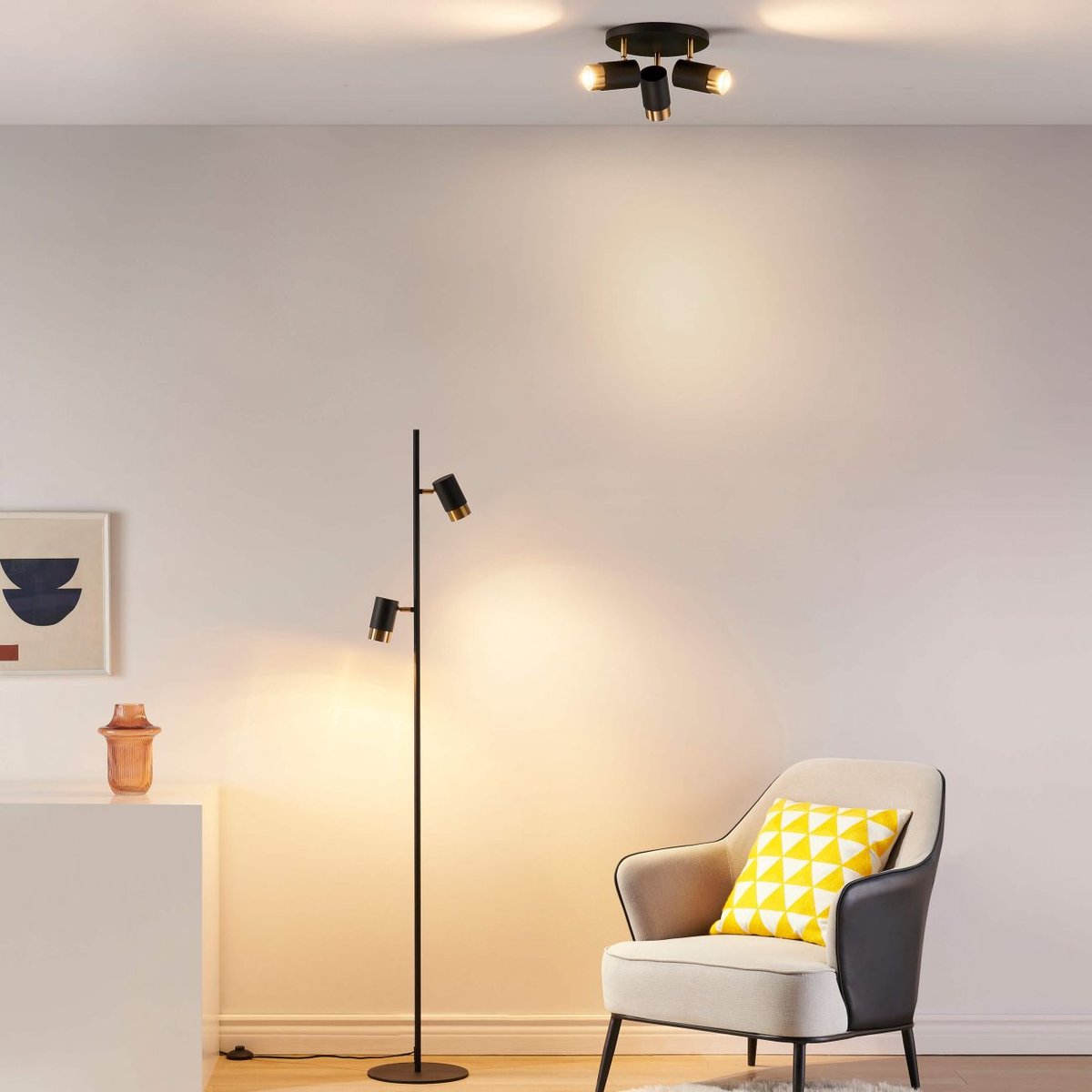 Grand lampadaire multi spot - ELYA noir et doré, KOSILUM