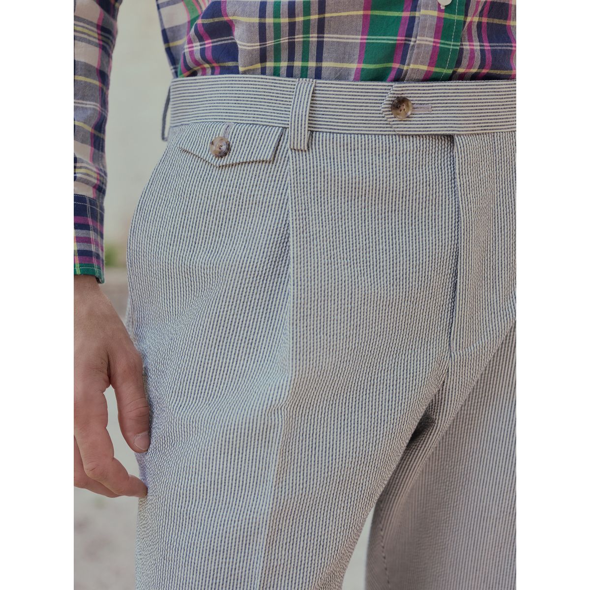Pantalon de costume ajusté rayé en seersucker signature bleu, NEXT
