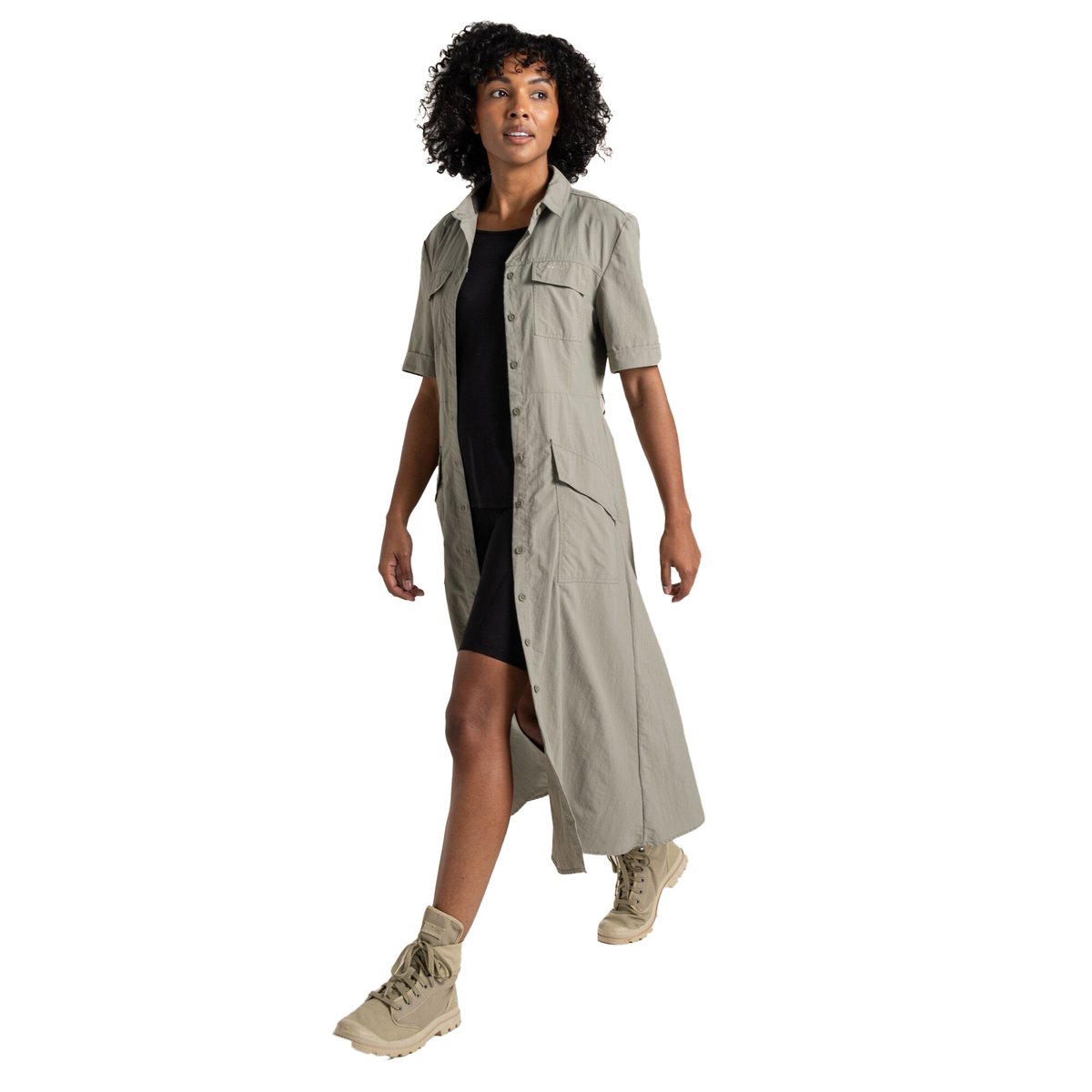 Robe longue style chemise motif uni CARINA ADVENTURE kaki clair, CRAGHOPPERS