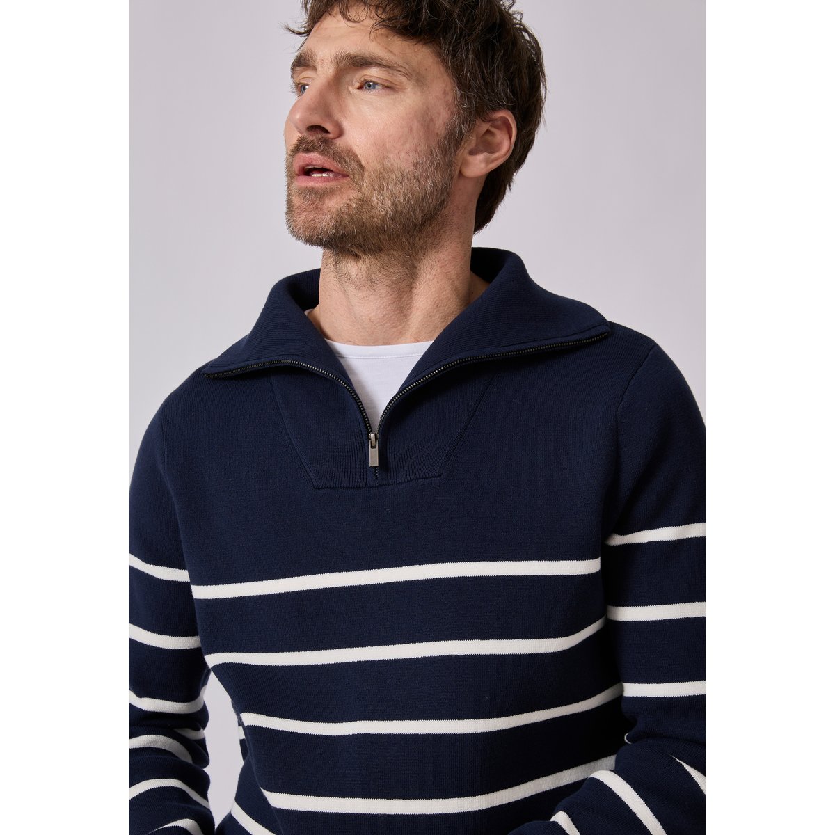 Pull col camionneur zippé bleu marine rayé, DAMART