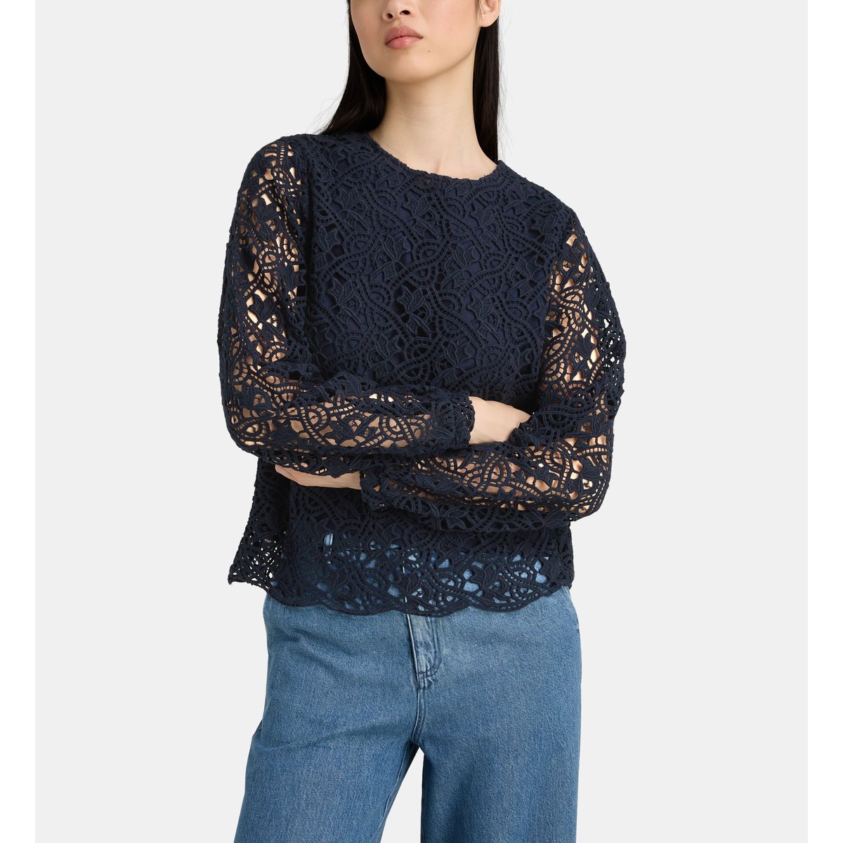 Top ostoya maille ajourée crochet coton bio bleu marine, JODHPUR