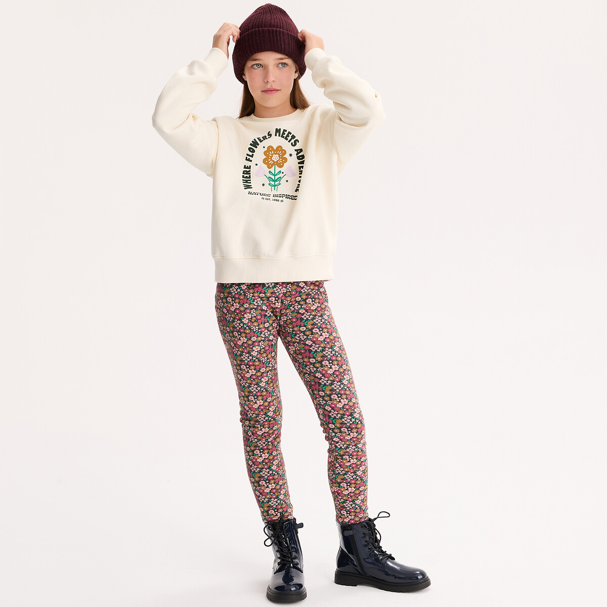 Sweat col rond, imprimé floral, en molleton ecru, LA REDOUTE COLLECTIONS