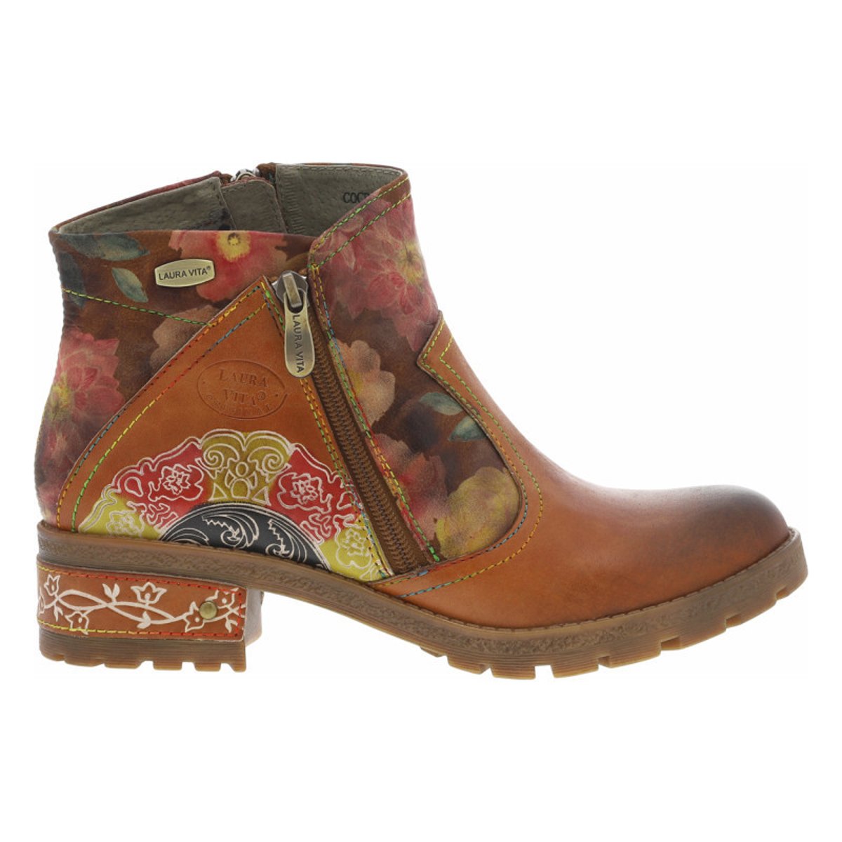 Boots en cuir camel à talon décroché bas avec des fermetures zippées camel, LAURA VITA