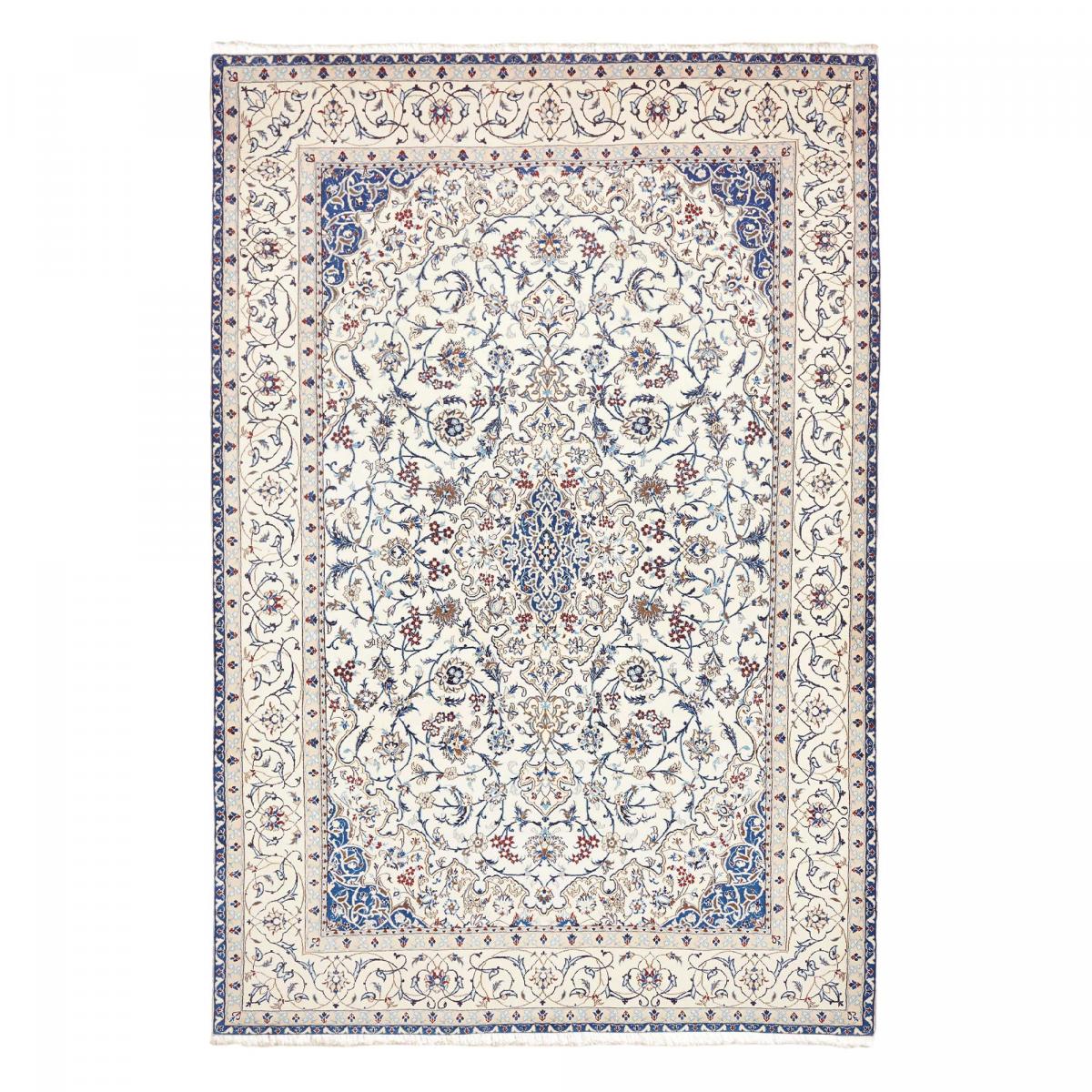 Tapis d'orient, motif oriental noué main en laine et soie crème, bleu, rouge, UN AMOUR DE TAPIS