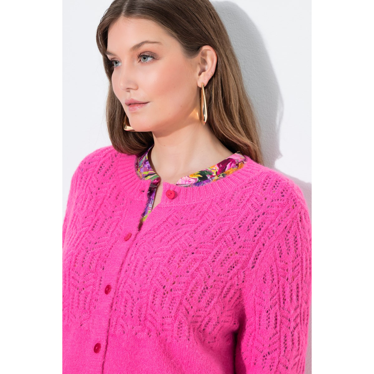 Cardigan col rond et manches longues rose vif, ULLA POPKEN