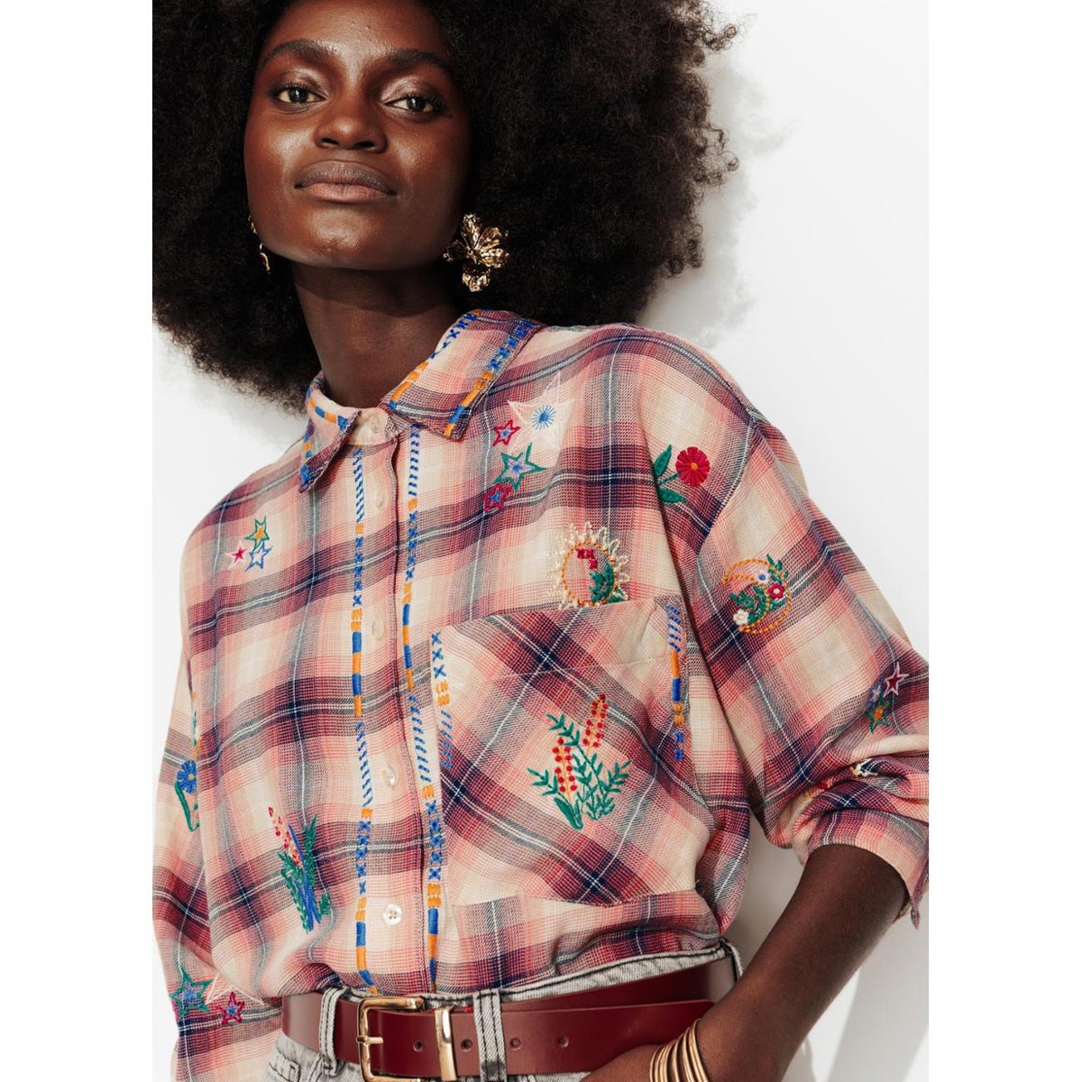 Chemise carreaux brodée carreaux multicolores, PROMOD