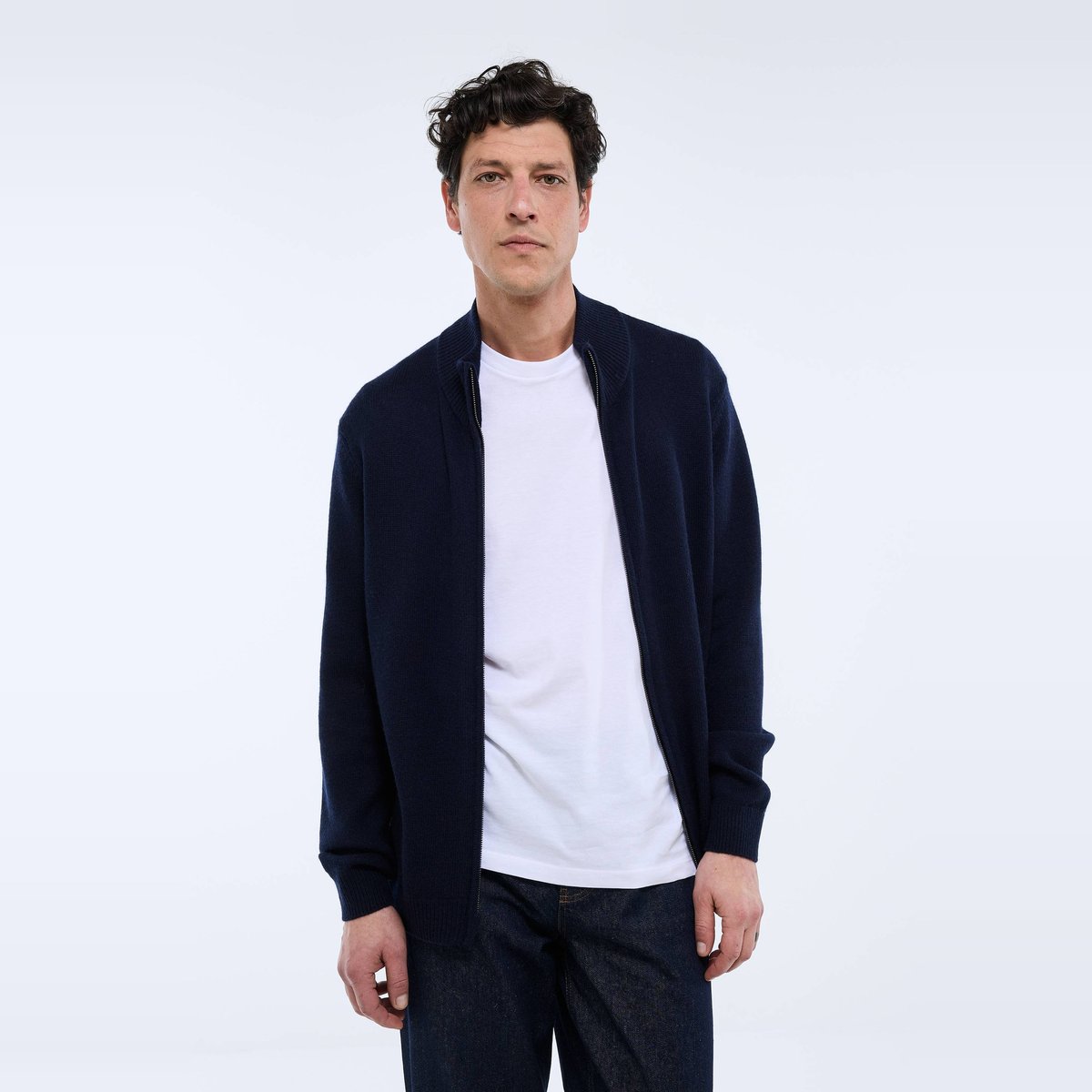 Gilet zippé col montant en mélange laine et cachemire marine, MONOPRIX