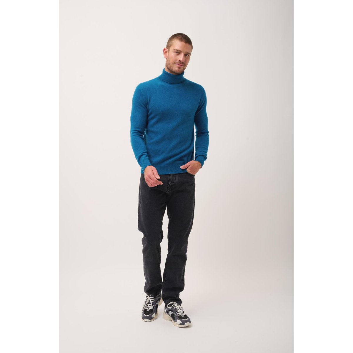 Pull Col Roulé Paon Connor bleu vert, JUST CASHMERE