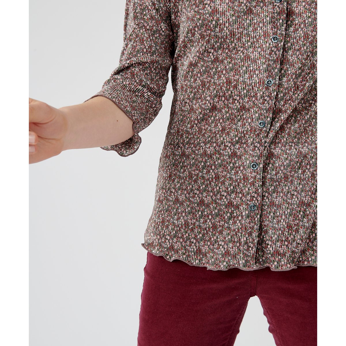 Chemisier plissé manches 3/4 gris fleuri, DAMART