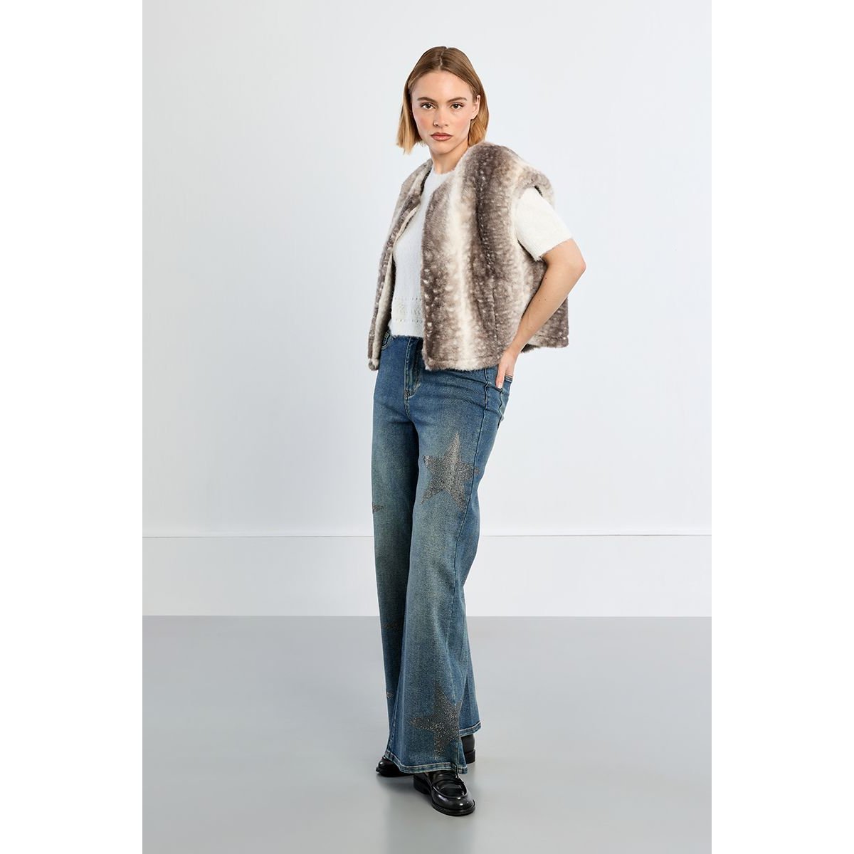 Veste sans manches, imitation fourrure, faon gris, LILI SIDONIO