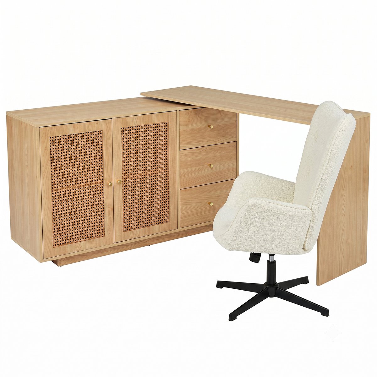 Ensemble de bureau d’angle rotatif avec portes rotin et chaise de bureau, DICCPERNFUCHS blanc, MEUBLES COSY