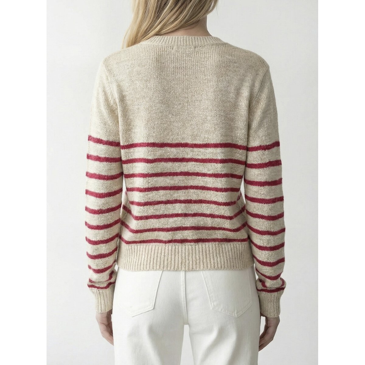 Pull rayé manches longues ecru/rose, VILA