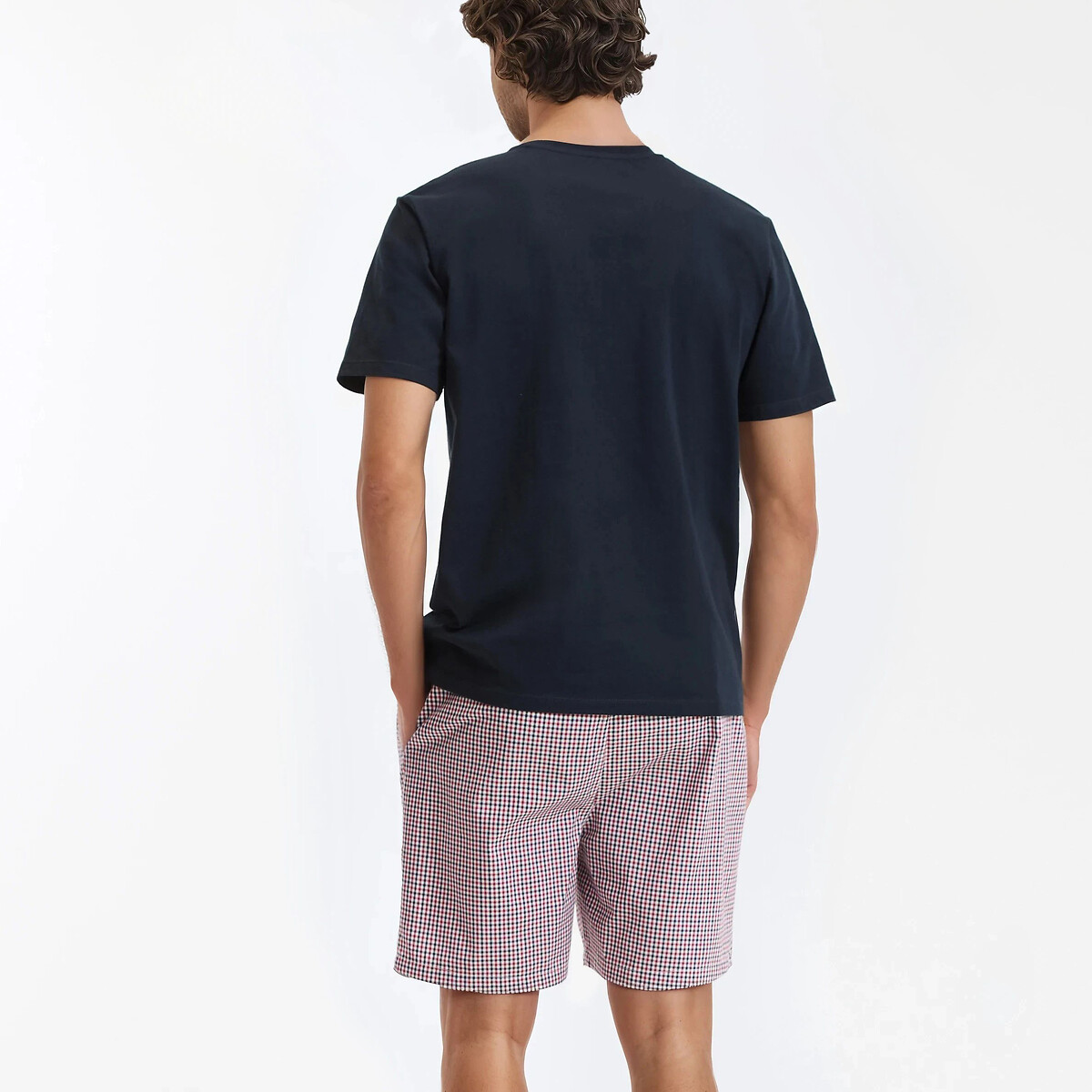 Pyjashort T-shirt uni et short imprimé carreaux bleu marine à carreaux, LA REDOUTE COLLECTIONS
