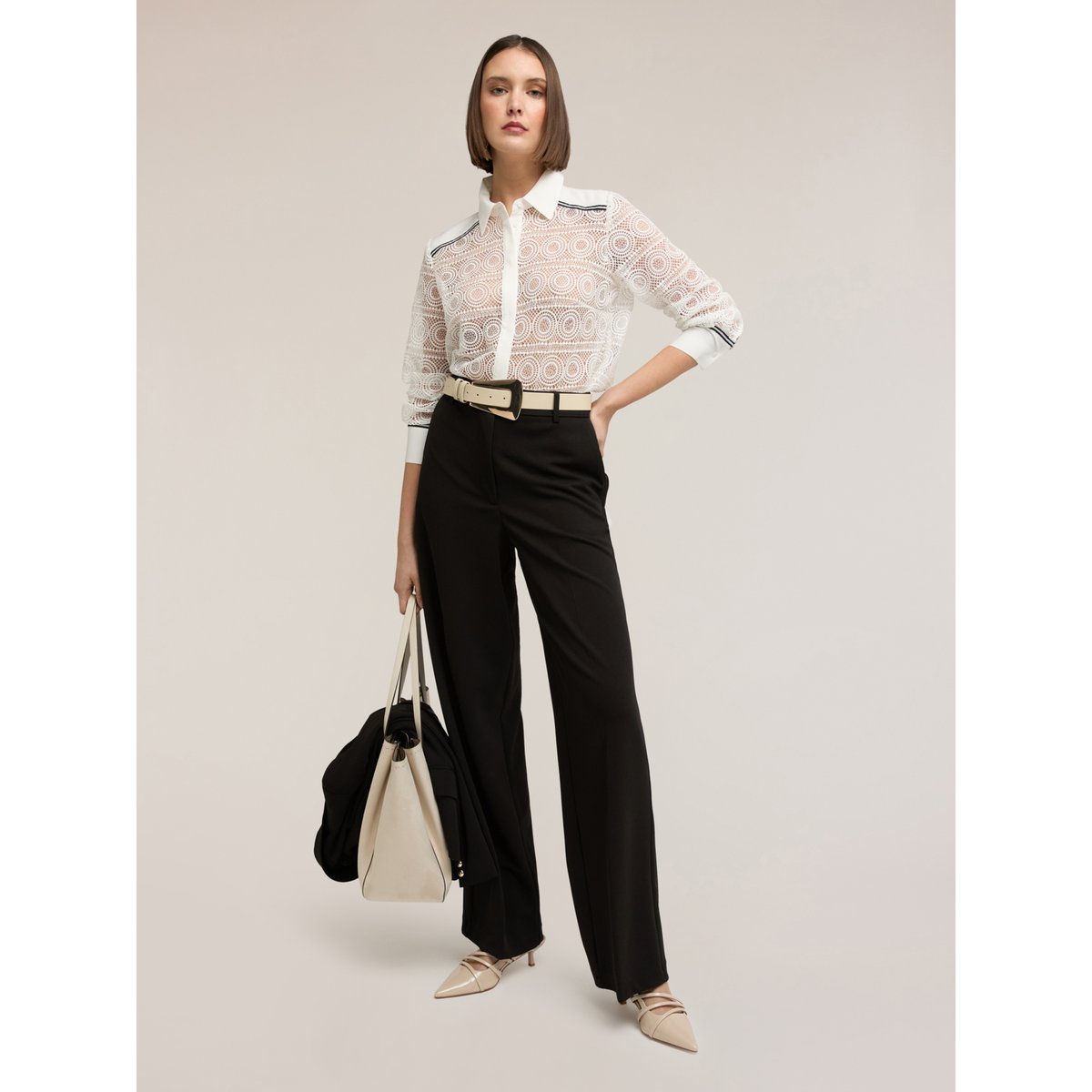 Chemise en dentelle macramé avec bandes contrastées blanc, MOTIVI