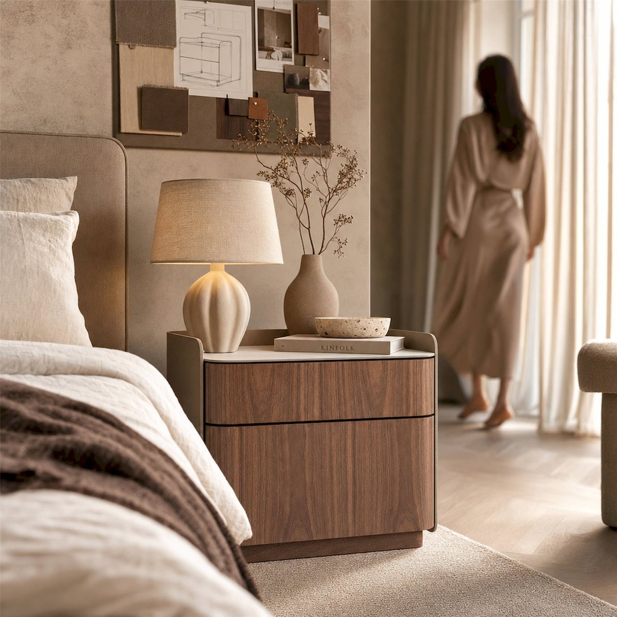 Table de chevet contemporaine en bois noyer, beige et verre blanc, RECOLLECTION