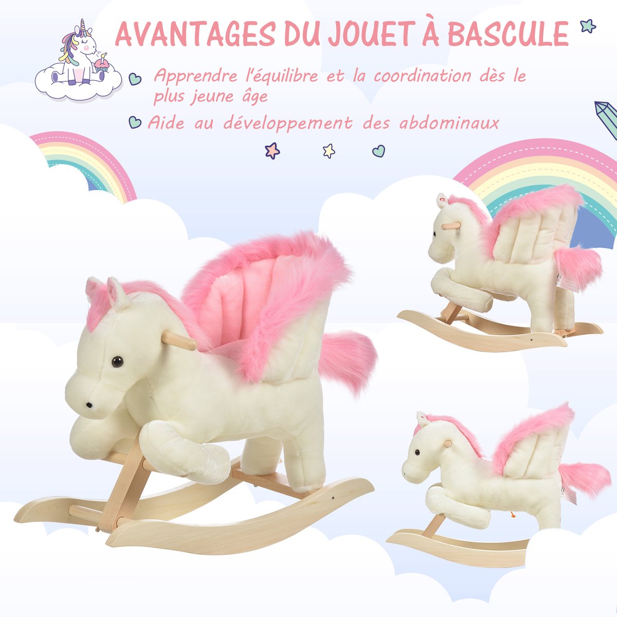 Cheval à bascule pour enfants Bois Blanc blanc, HOMCOM
