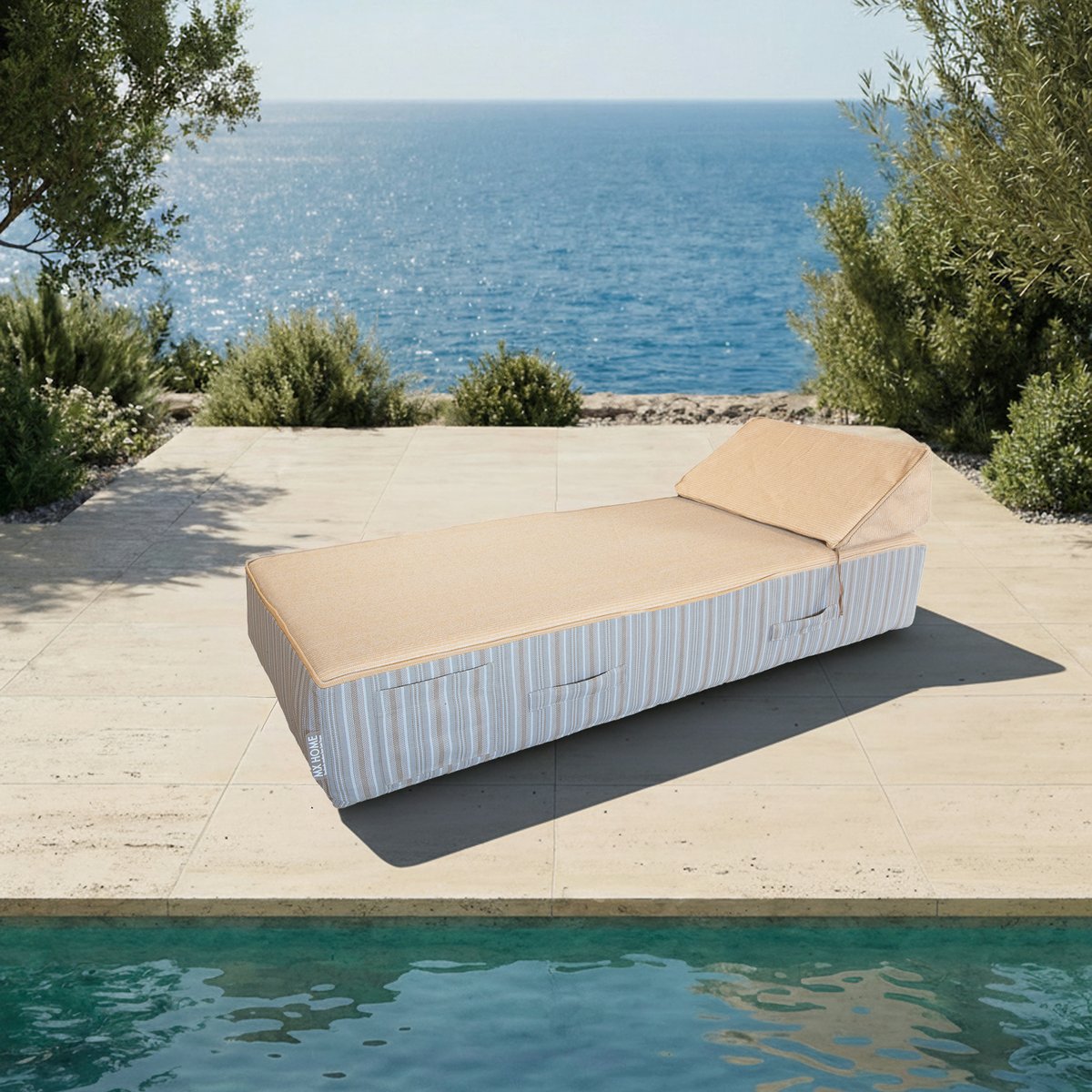 Lit bain de soleil extérieur en mousse 1 place beige rayure blanche, MX HOME