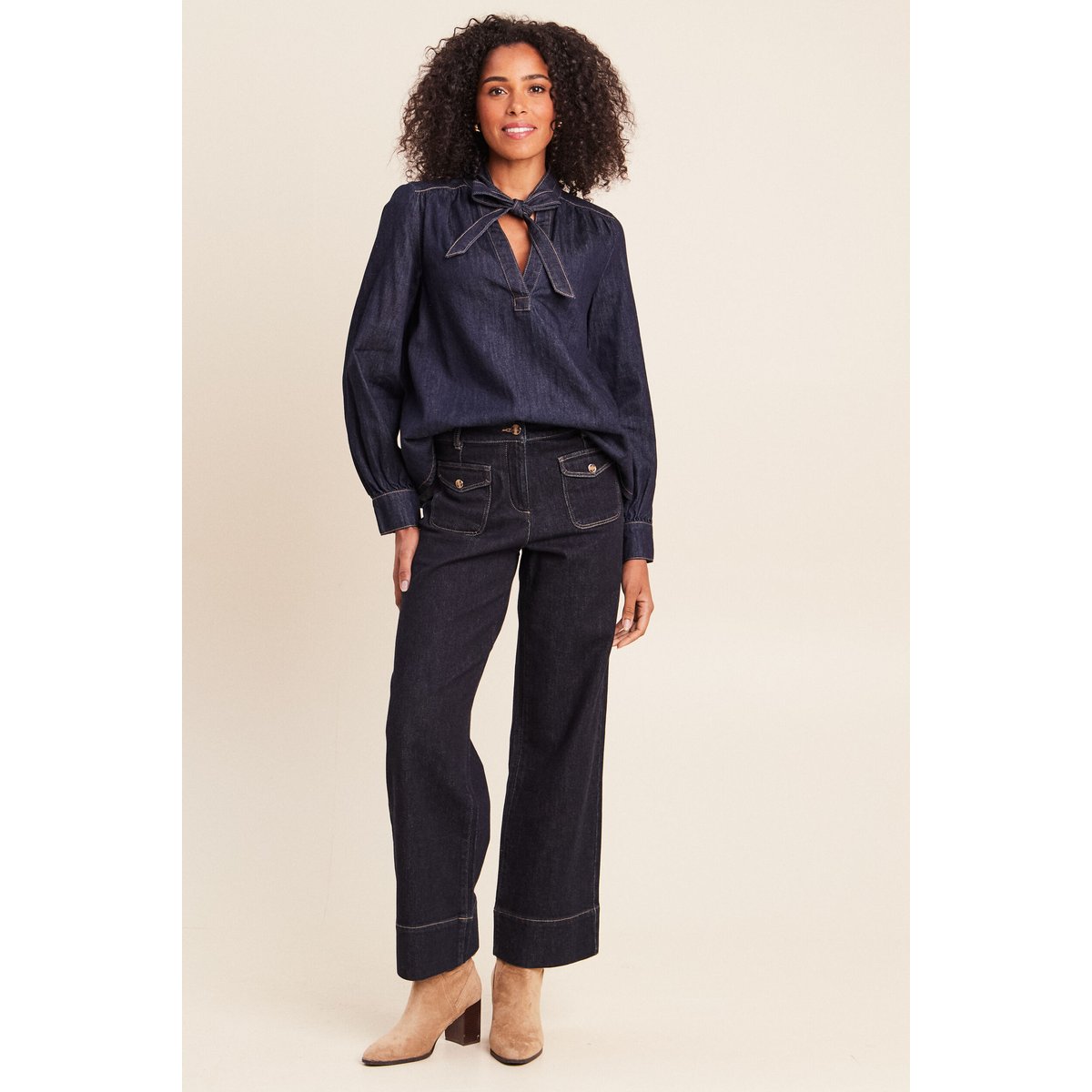Blouse col v manches longues denim brut, BREAL