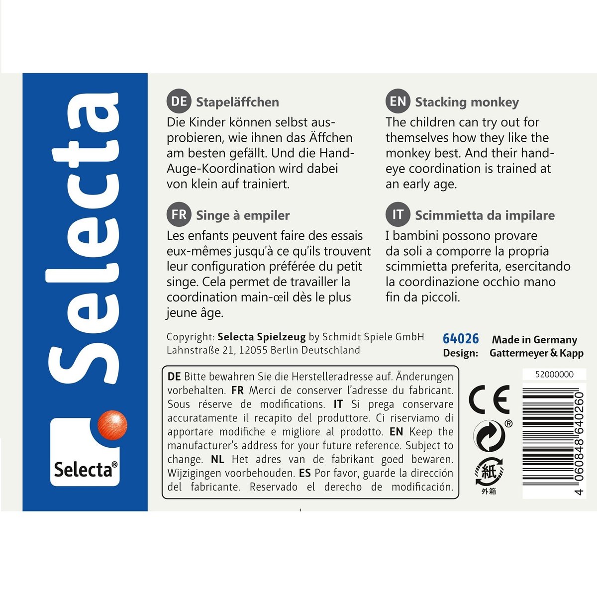 Singe à empiler bleu, SELECTA
