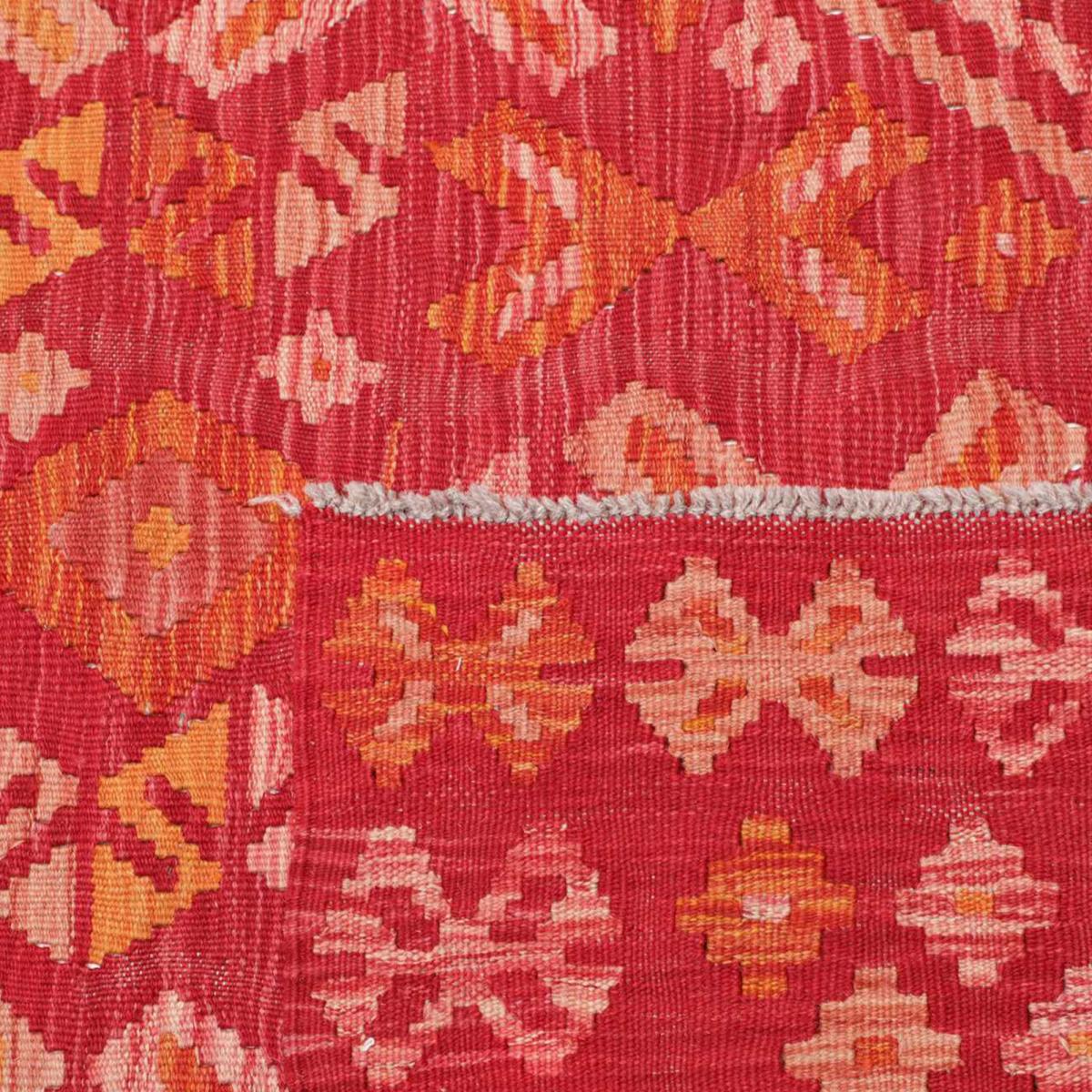 Tapis d'orient ethnique, tissé plat artisanal en laine, KILIM 17 rouge, orange, rose, UN AMOUR DE TAPIS