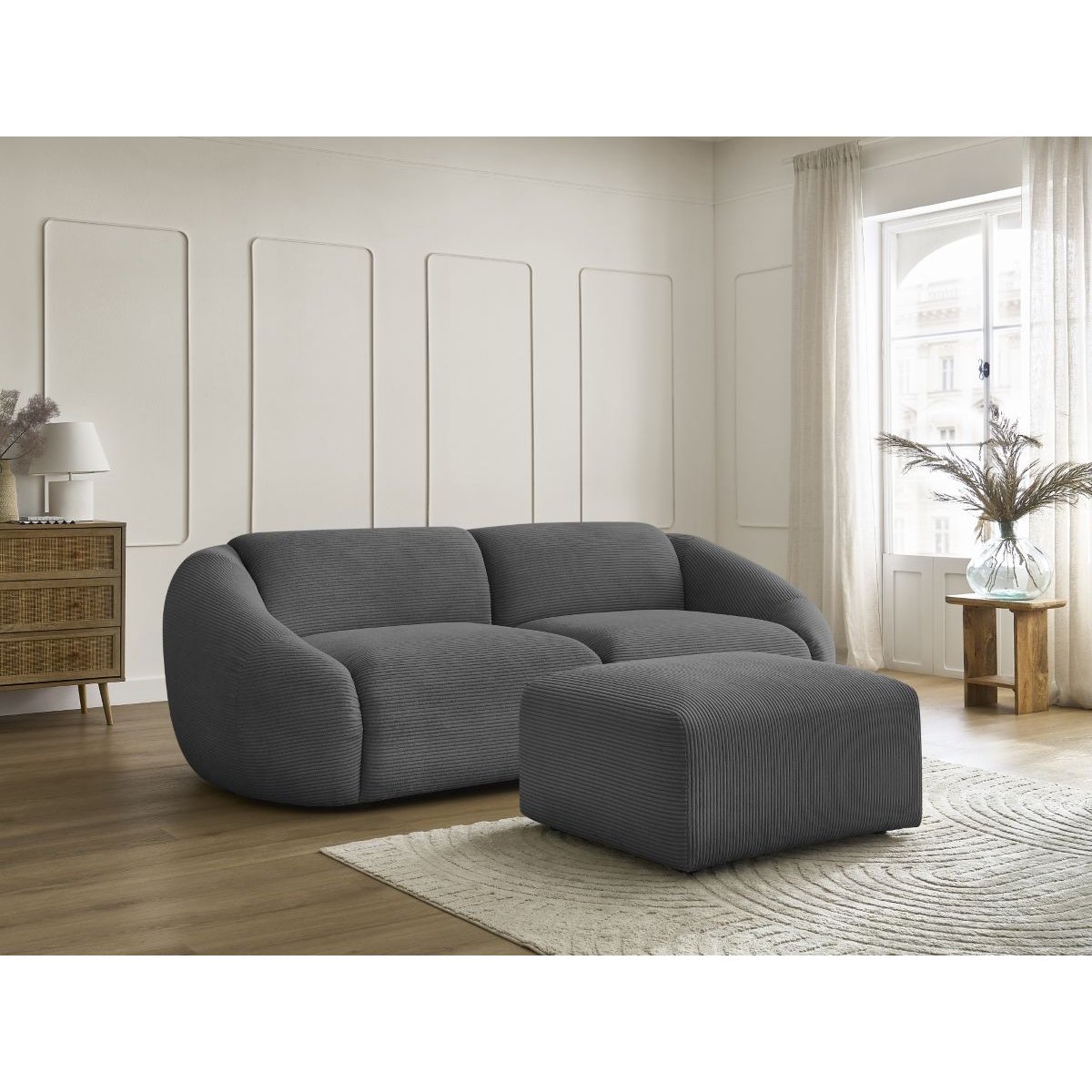 Canapé droit fixe 4 places en velours côtelé avec pouf, TINA gris foncé, BOBOCHIC