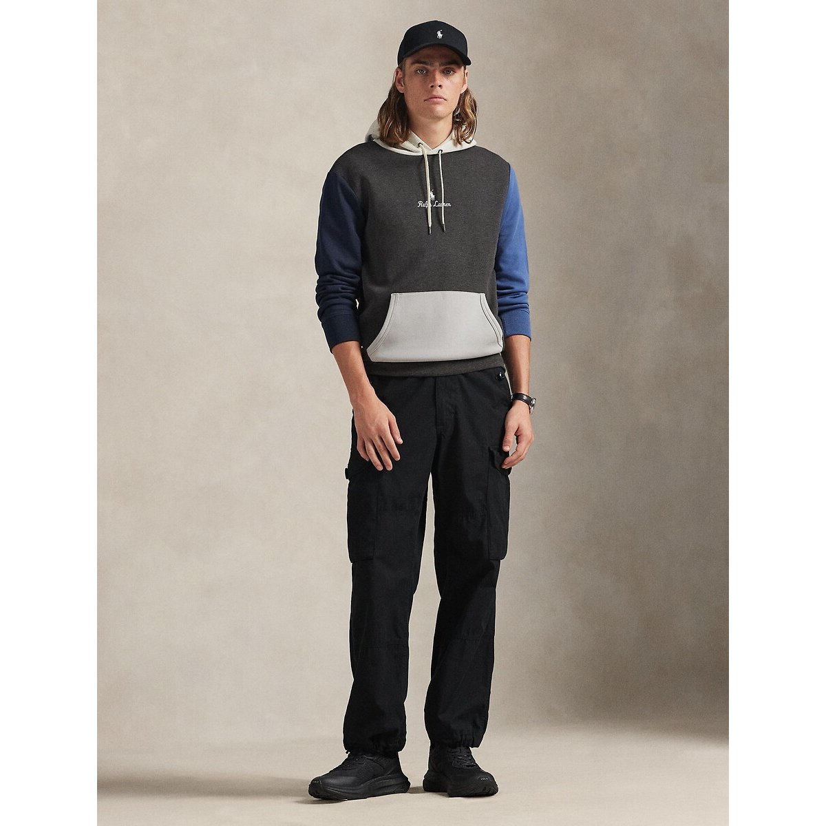 Sweat à capuche maille double à logo anthracite, POLO RALPH LAUREN