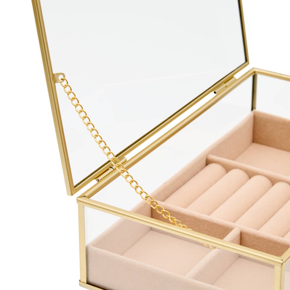 Boîte à bijoux rectangulaire en verre JUDE transparente et doré, ATMOSPHERA