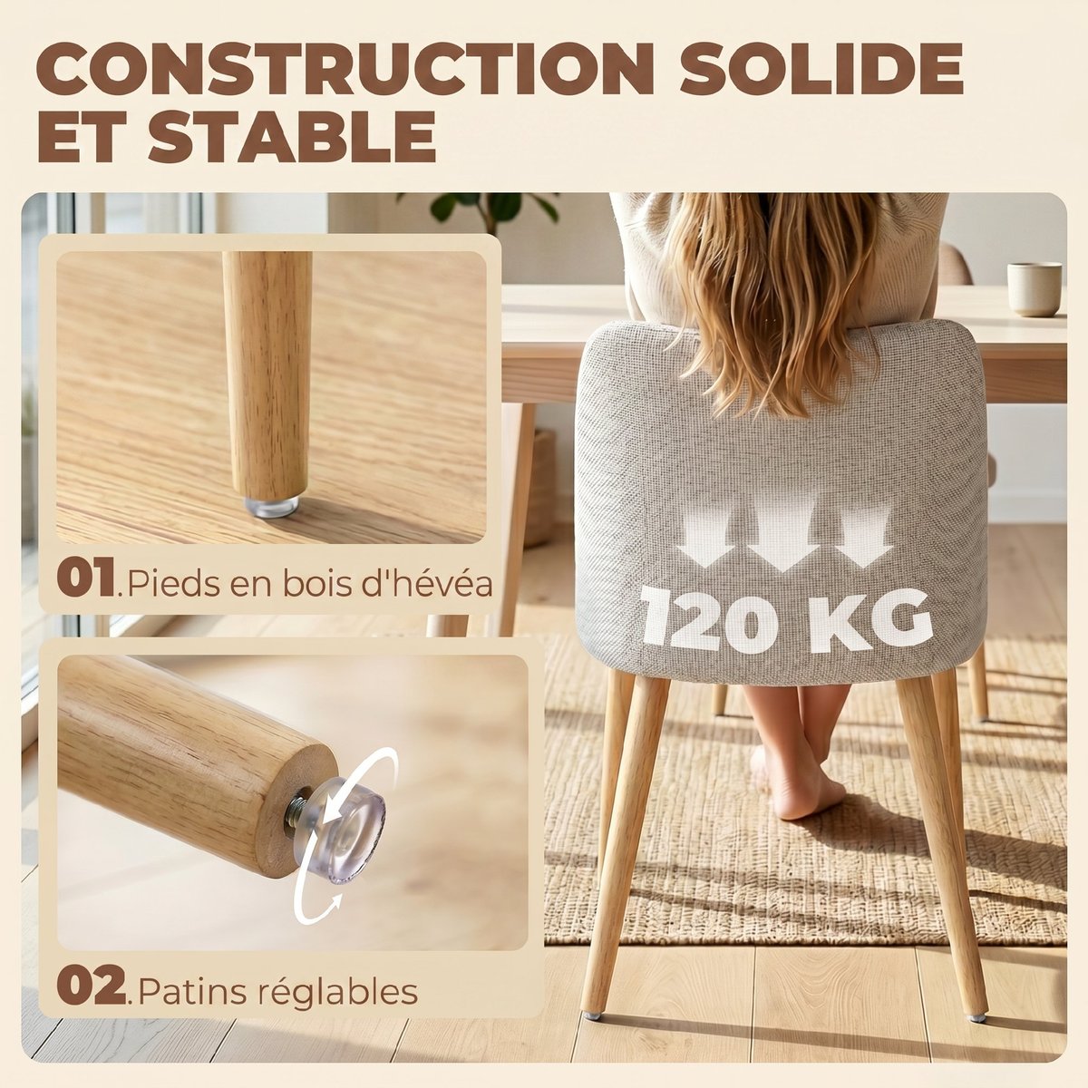Chaise de salle à manger Lin (100 % crème, bois clair, HOMCOM