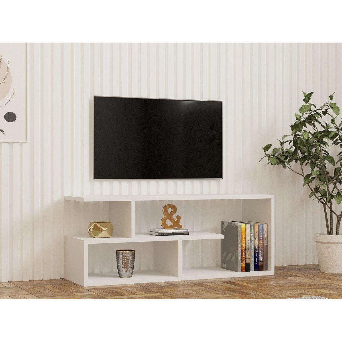Meuble TV 2 niveaux design moderne RAPHAEL blanc, TOILINUX