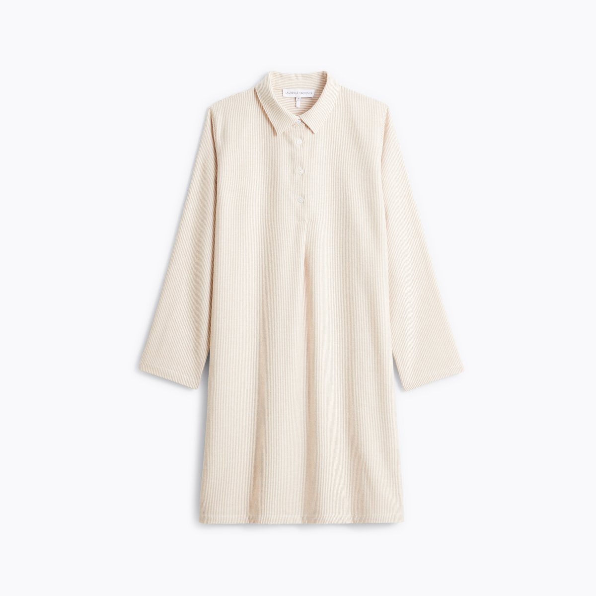 Chemise de nuit col classique en flanelle de coton FLANELLE RAYÉE beige, LAURENCE TAVERNIER