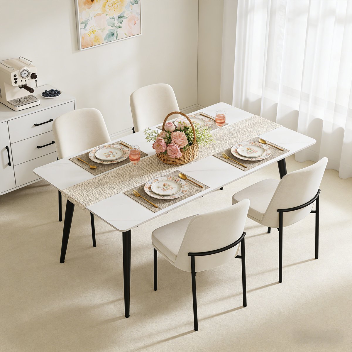 Lot de 4 chaises de salle à manger en velours avec pieds métal, DUORAUC beige, MEUBLES COSY