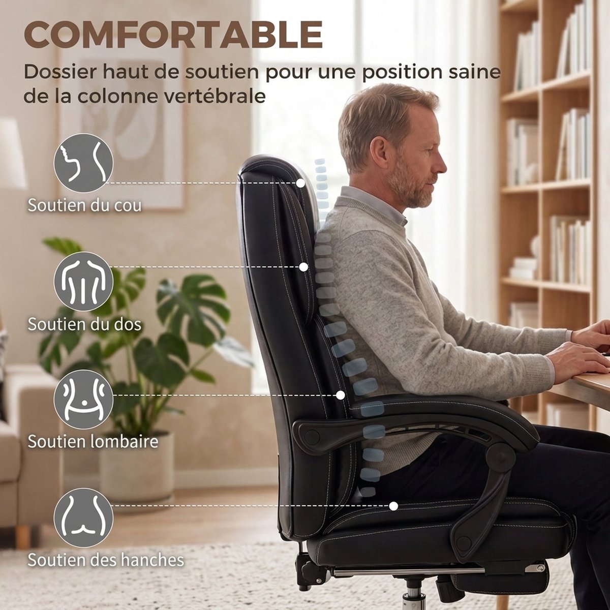 Chaise de bureau PU Noir noir, HOMCOM