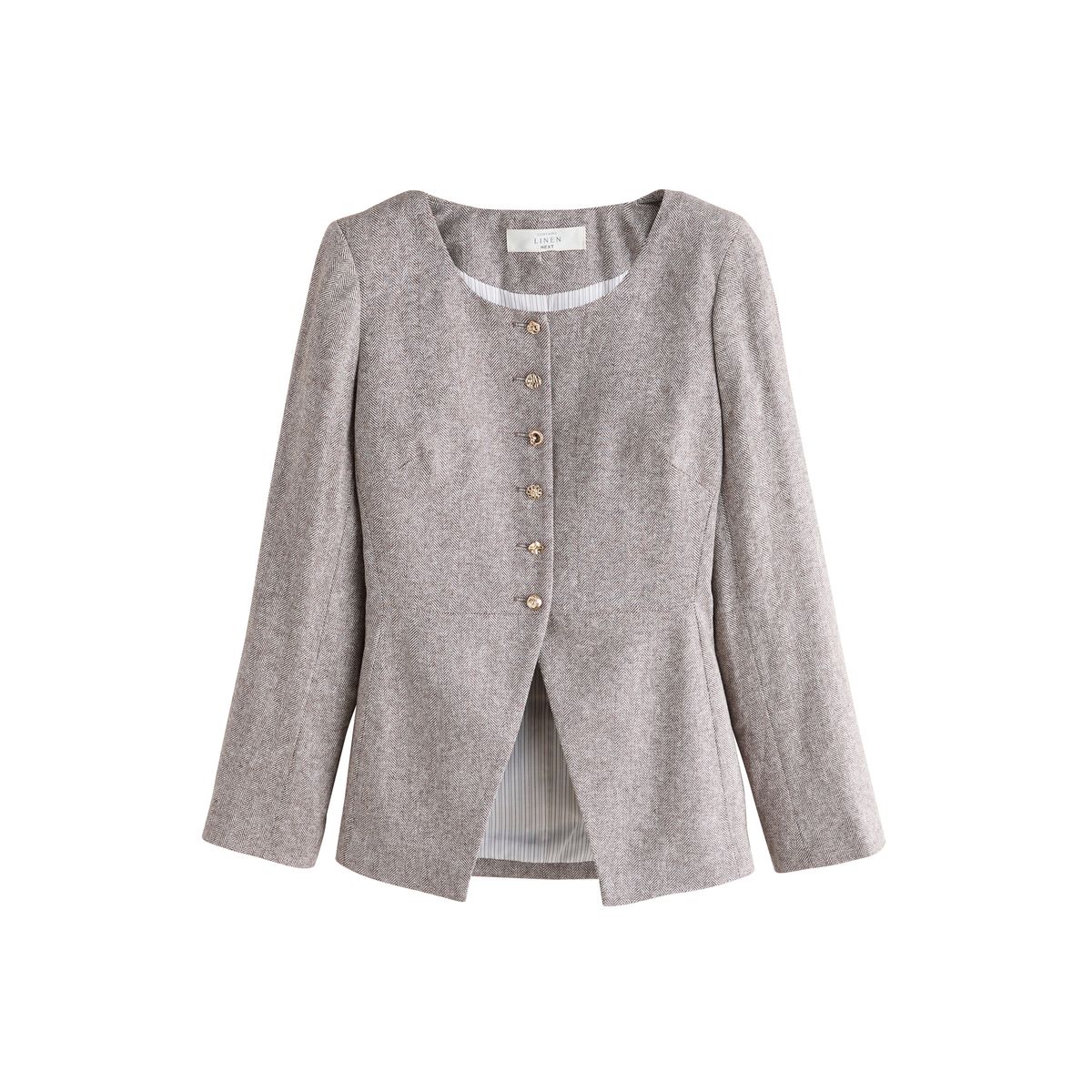 Veste sans col en lin majoritaire à chevrons taupe, NEXT