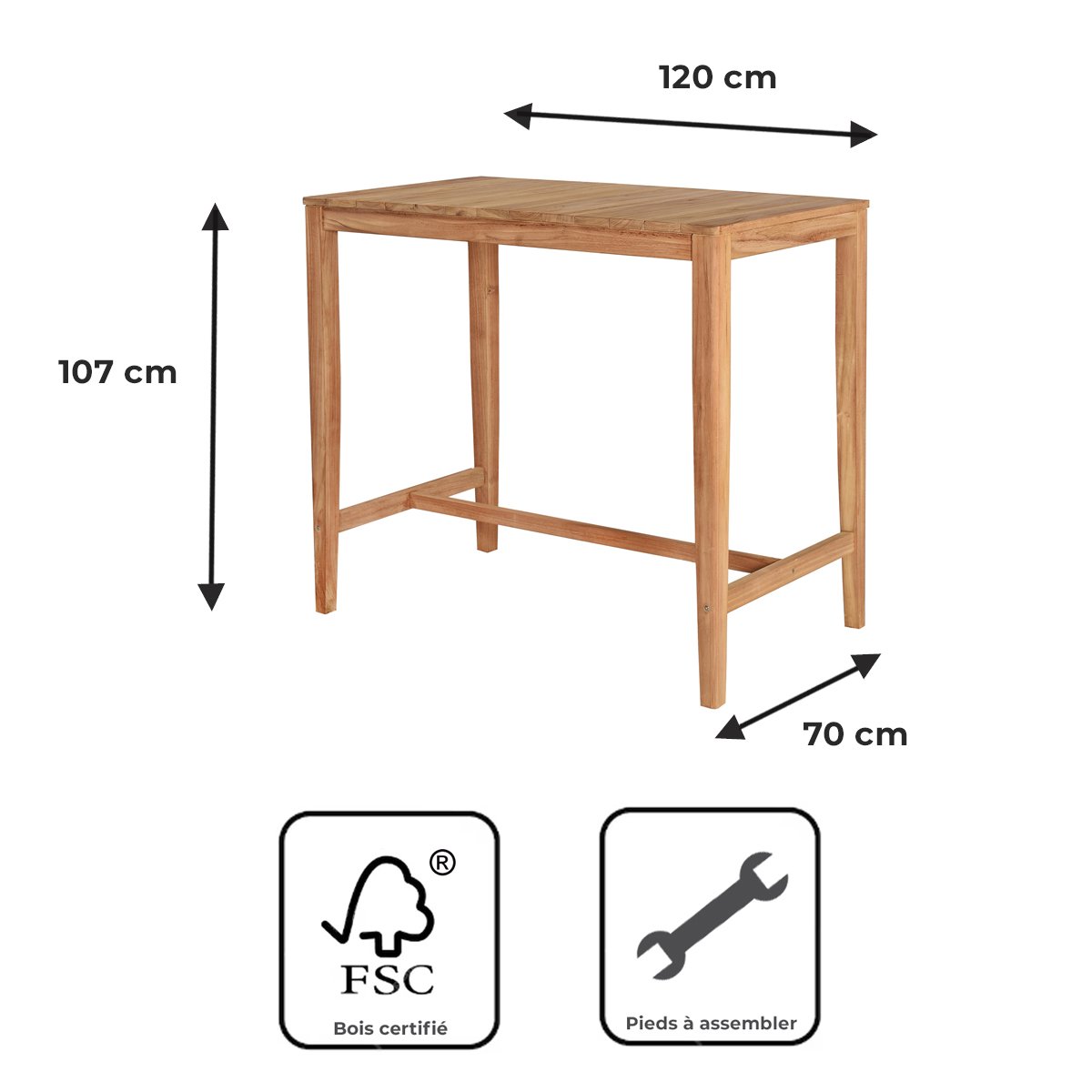 Table haute en teck massif 120 cm Sarina naturel, TECK ATTITUDE