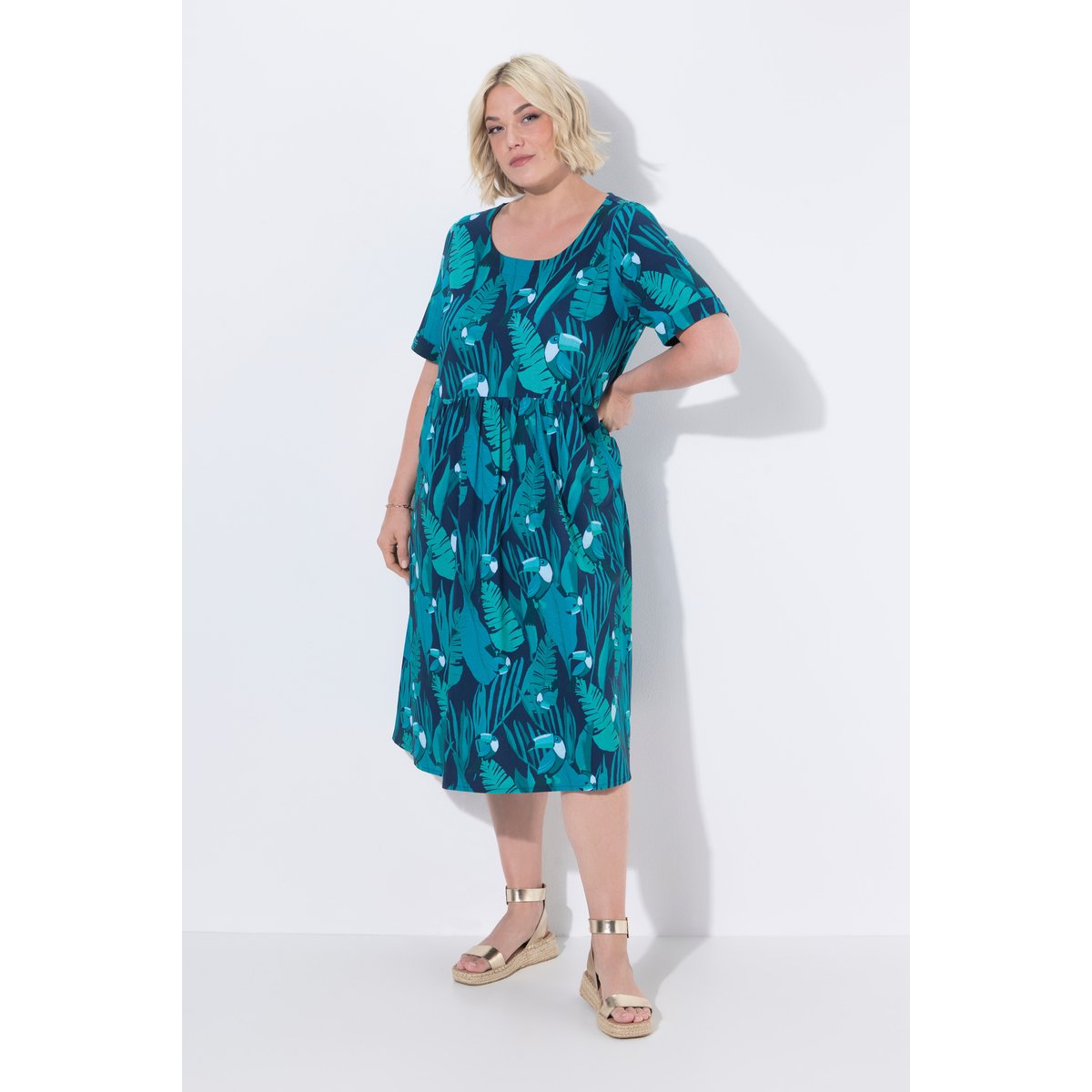 Robe midi en jersey, motif toucans bleu turquoise, ULLA POPKEN